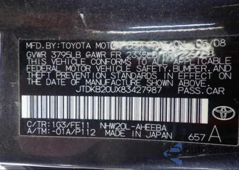 2008 Toyota Prius z USA, uszkodzony, nr VIN JTDKB20UX83427987